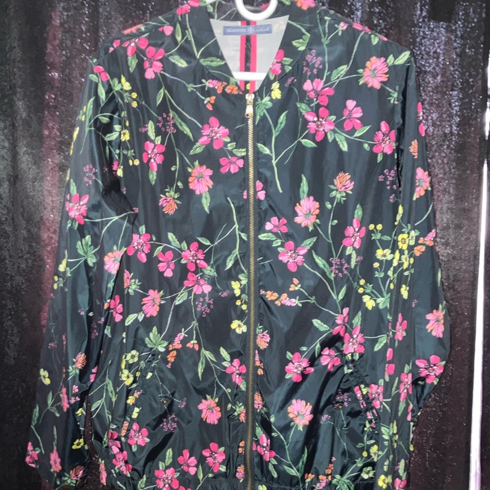 Signature Black and Pink Bomber Jacket with Floral Design